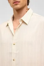 Oversize Çizgili Kısa Kollu Keten Gömlek Beyaz