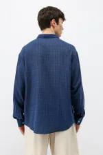 Dokulu Keten Görünümlü Oversize Gömlek Lacivert