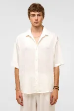Oversize Striped Short-Sleeved Modal Fabric Shirt, White