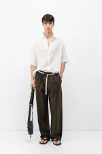 Kemer Detaylı Oversize Keten Pantolon Kahve