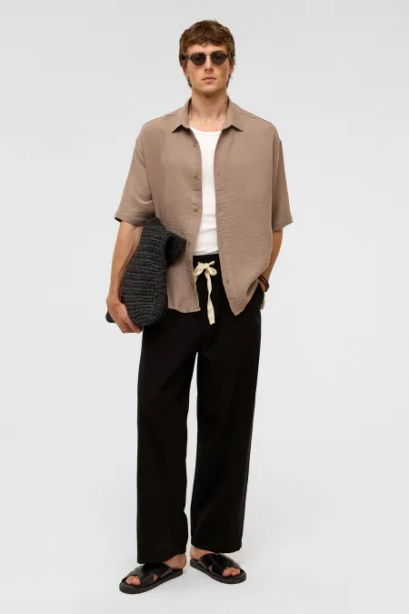 Chemise oversize à manches courtes en mousseline beige