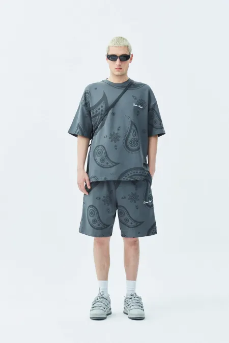 Oversize Desenli Şort Tişört Takım Koyu Füme