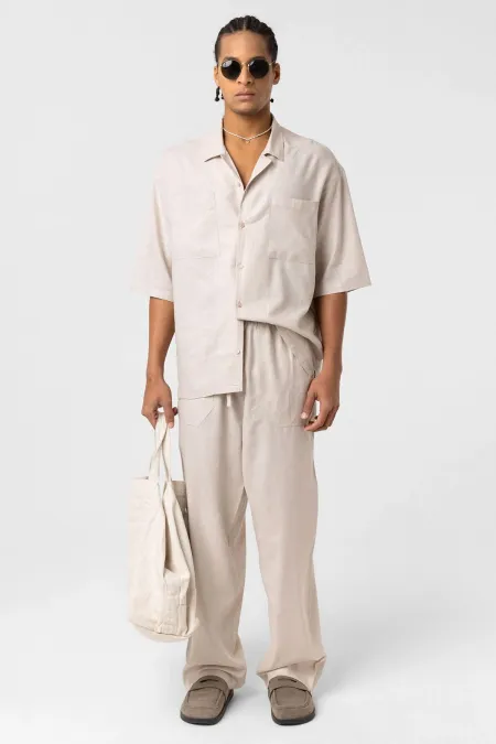 Double Pocket Oversize Linen Shirt, Beige