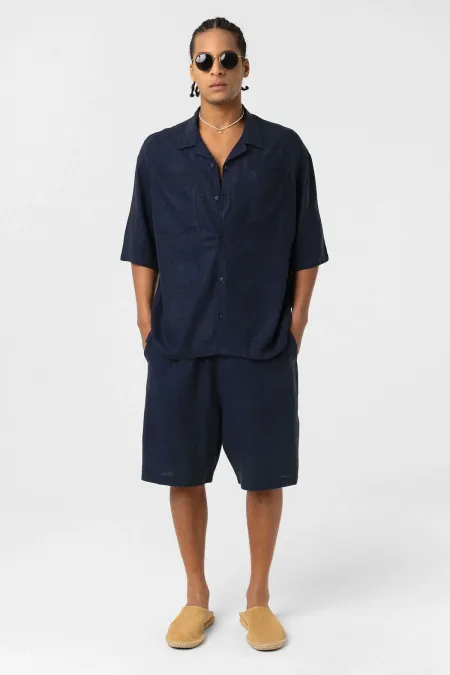 Double Pocket Oversize Linen Shirt Navy Blue