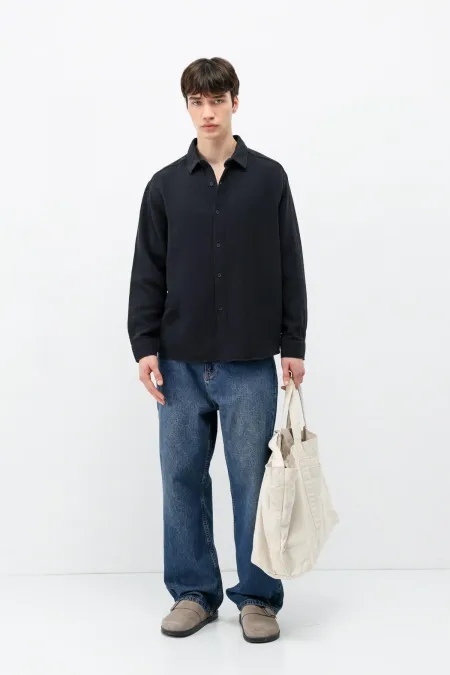 Dokulu Pamuklu Oversize Gömlek Siyah