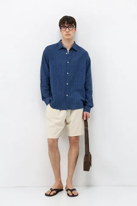 Dokulu Keten Görünümlü Oversize Gömlek Lacivert