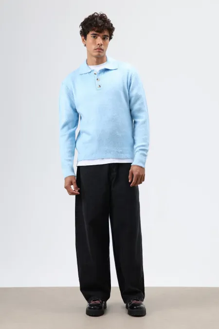 Pull à col polo en maille douce texturée bleu ciel