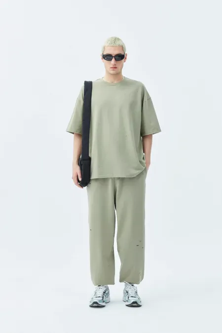 Delik Detaylı Oversize Eşofman Takım Haki Delik Detaylı Oversize Eşofman Takım Haki