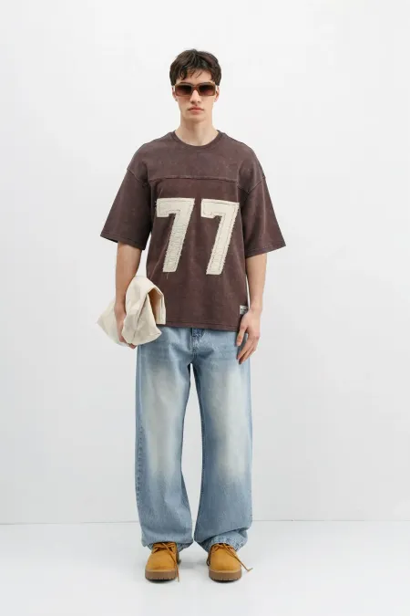 Numara Baskılı Oversize Tişört Kahve