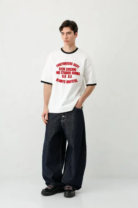 Baskılı Bisiklet Yaka Oversize Tişört Ekru