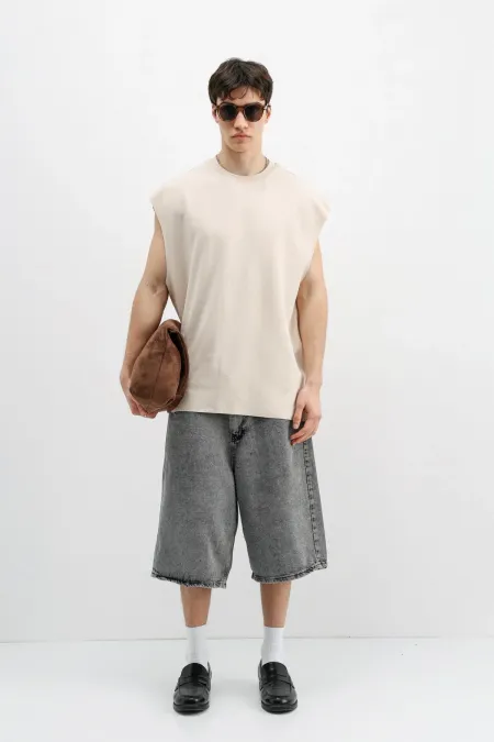 Oversize Kolsuz Basic Tişört Taş Oversize Kolsuz Basic Tişört Taş