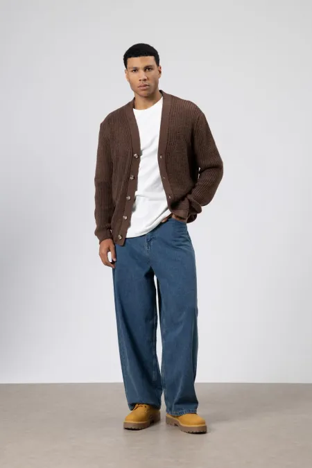 V Yaka Düğmeli Örgü Hırka Kazak Vizon