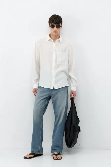 Modal Kumaş Cepli Oversize Gömlek Ekru