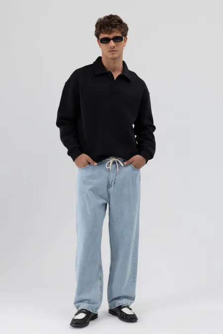 Basic Polo Yaka Sweatshirt Siyah