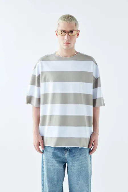 Dijital Baskılı Şeritli %100 Pamuk Oversize Tişört Haki