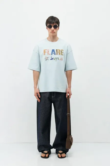 Baskılı Oversize Tişört Bebe Mavi