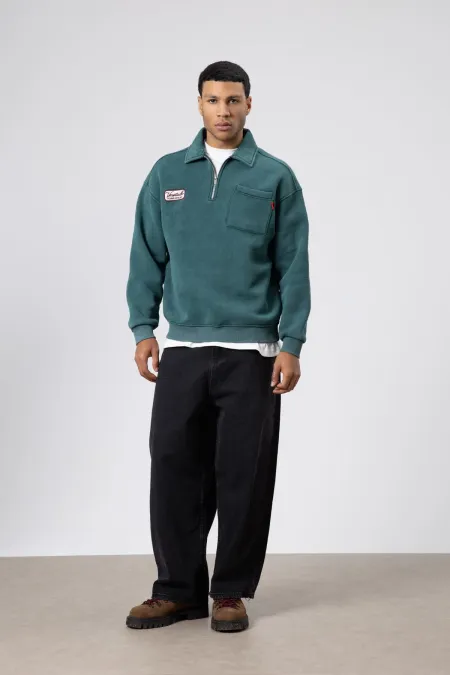 Oversize Printed Sweatshirt with Collar Zipper, Navy Blue