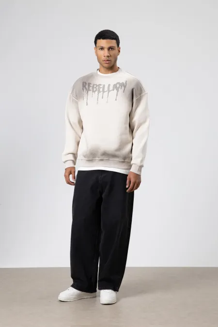 Sweat-shirt oversize imprimé délavé couleur pierre