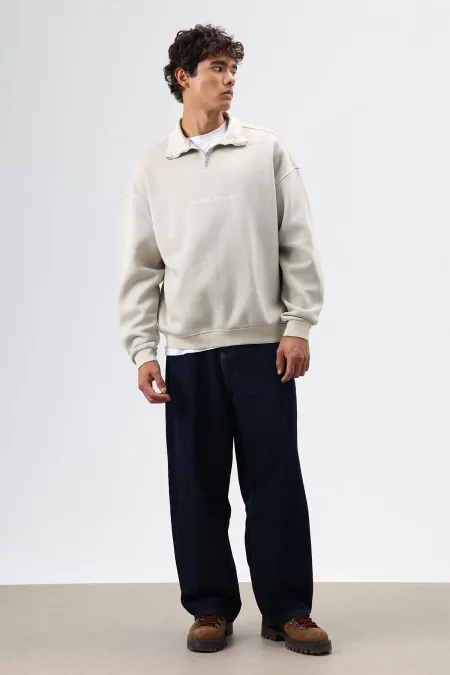 Sweat-shirt oversize à col zippé, beige