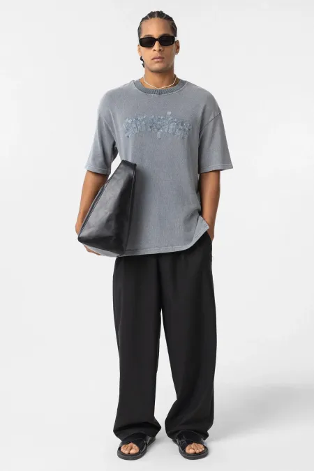 Yıkamalı Oversize Baskılı Tişört Gri
