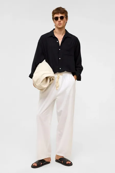 Oversize Çizgili Uzun Kollu Keten Gömlek Siyah