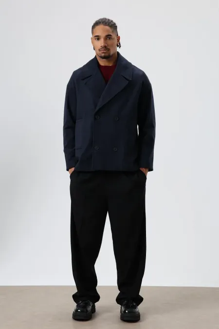 Oversize Kruvaze Kısa Kaşe Ceket Lacivert