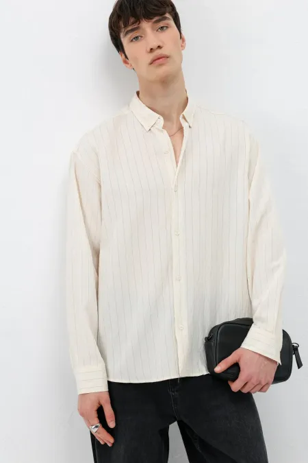 Çizgili Oversize Gömlek Krem