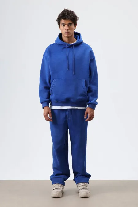 Basic Oversize Yıkamalı Hoodie Saks