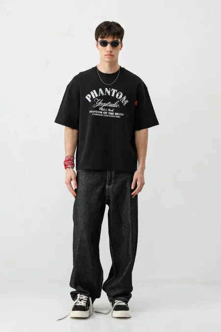 Kısa Kollu Boxy Fit Baskılı Tişört Siyah