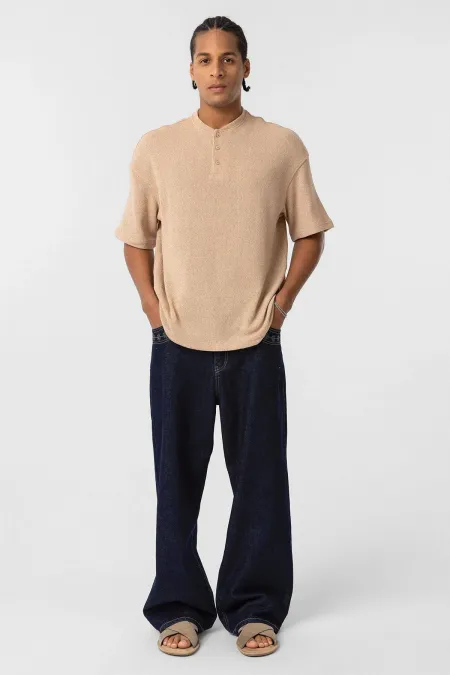 Basic Oversize Button Collar T-Shirt Stone