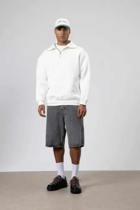 Sweat-shirt basique à fermeture éclair et col montant, écru