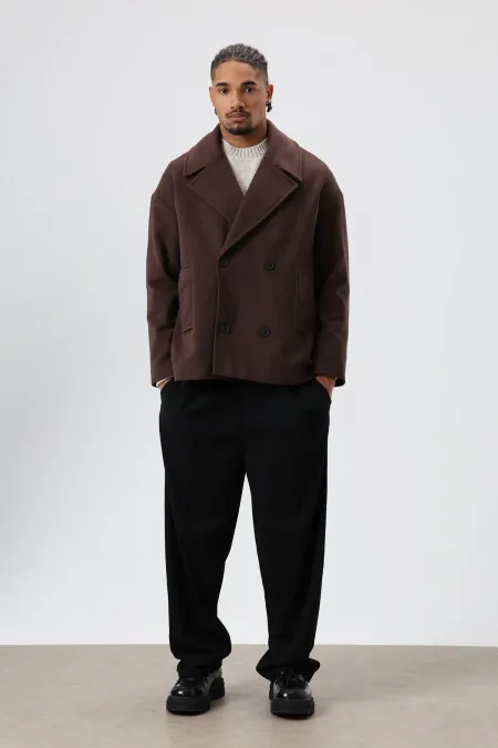 Oversize Kruvaze Kısa Kaşe Ceket Kahve