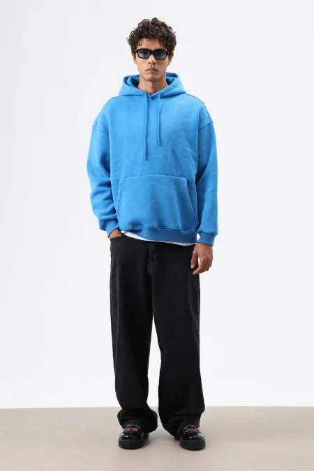 Basic Oversize Yıkamalı Hoodie Turkuaz