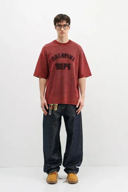 Yıkamalı Yazı Baskılı Oversize Tişört Bordo