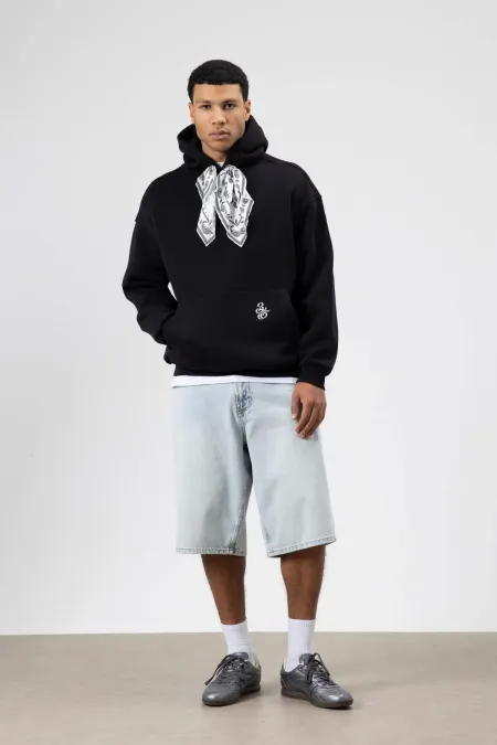 Oversize Hooded Sweatshirt with Scarf Detail, Black