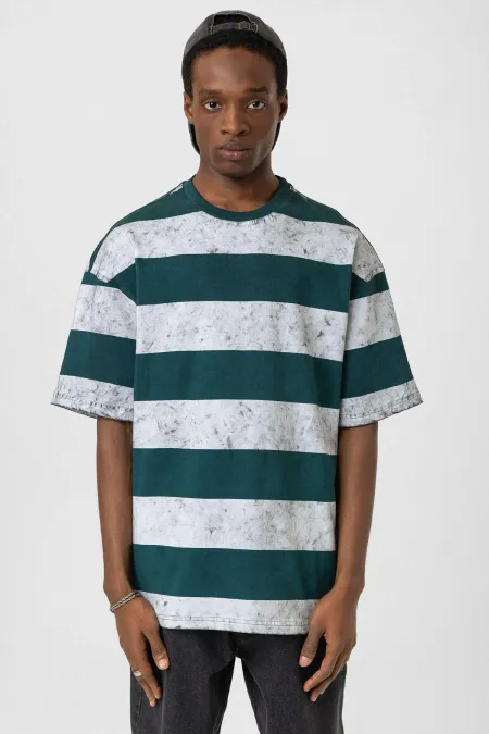 Yıkamalı Şeritli Oversize Tişört Mint - Beyaz
