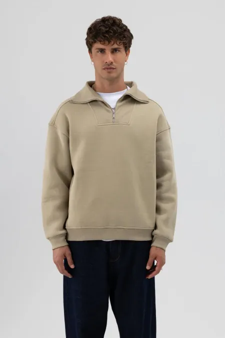 Sweat-shirt basique à fermeture éclair et col montant kaki