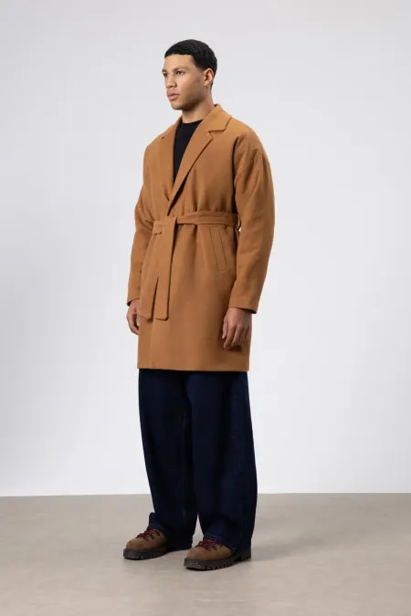 Kemerli Oversize Kaşe Kaban Taba