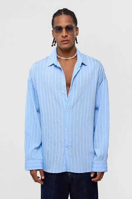Oversize Çizgili Uzun Kol Gömlek Mavi