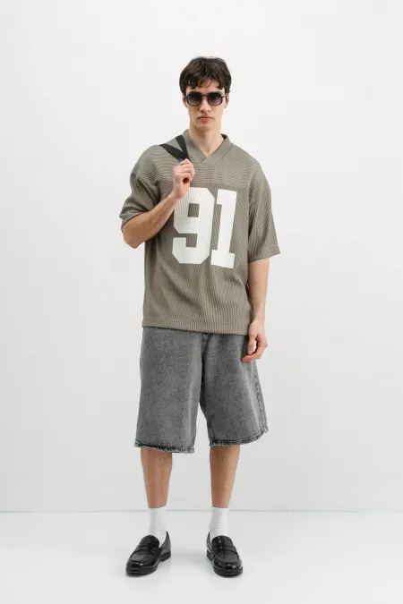 Baskılı Fitilli Oversize Tişört Haki