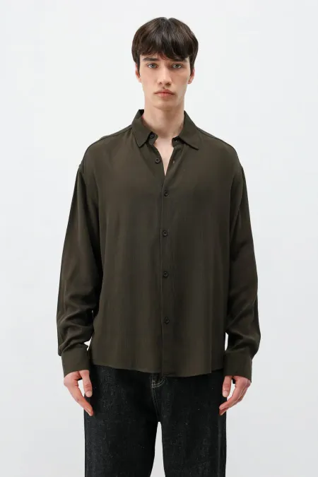 Hafif Dokulu Oversize Gömlek Kahve