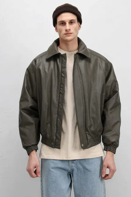 Oversize Deri Bomber Ceket Haki