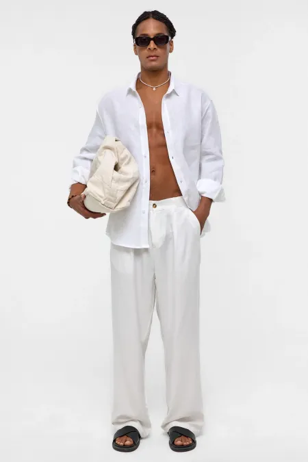 %100 Keten Oversize Uzun Kollu Gömlek Ekru