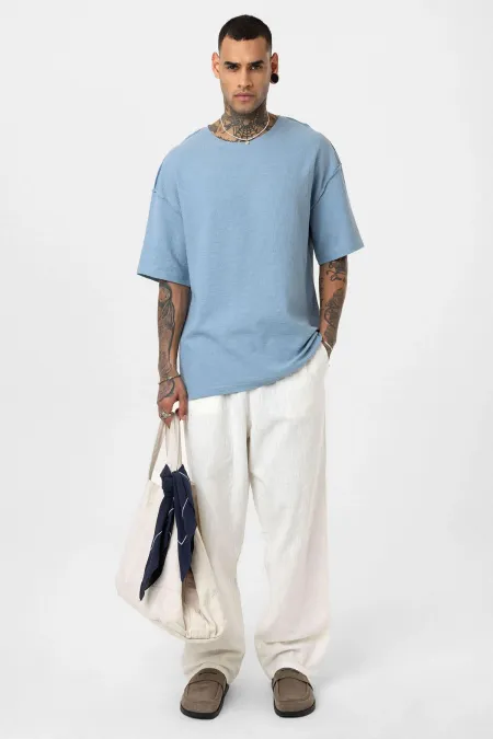 Arka Yazı Baskılı Oversize Triko Tişört Mavi