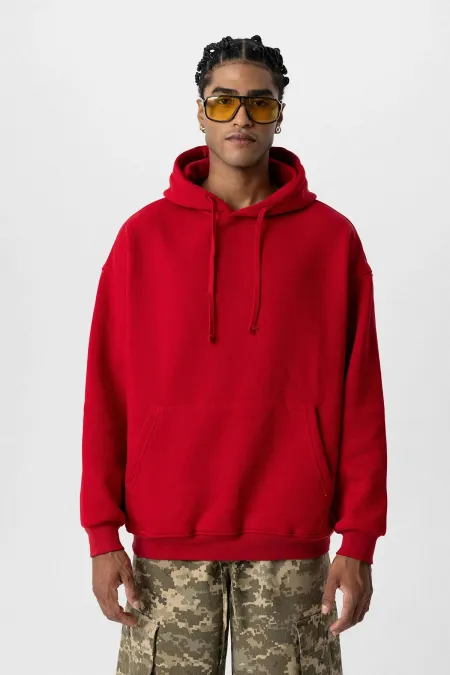 Basıc Oversize Kapüşonlu Cep Detaylı Sweatshirt Kırmızı