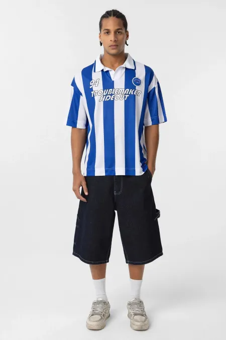 Oversize Polo Yaka Forma Tişört Saks