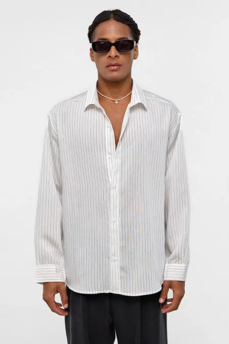 Oversize Çizgili Uzun Kollu Gömlek Beyaz