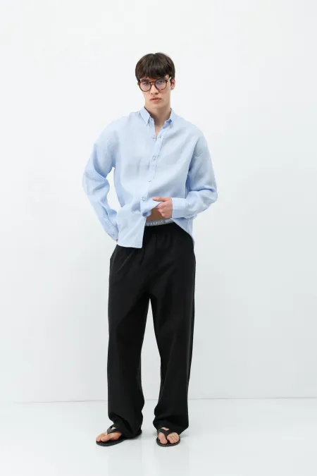 Bel Lastikli Baggy Fit Keten Pantolon Siyah