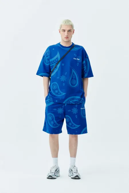 Oversize Desenli Şort Tişört Takım Saks