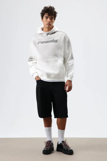 Sweat à capuche oversize imprimé délavé, écru